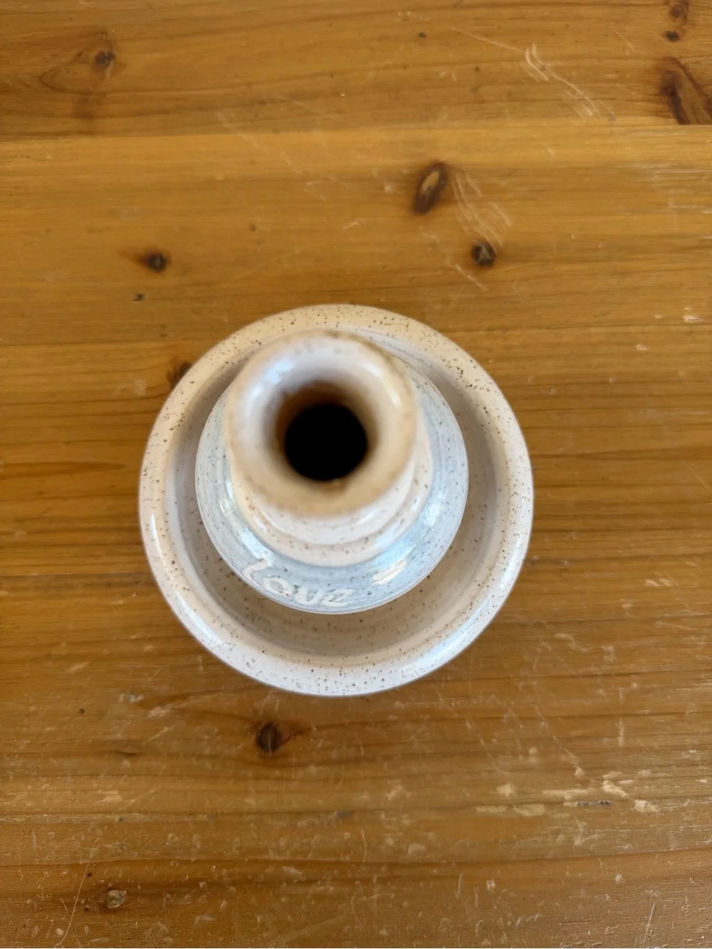 Handmade Speckled Ceramic Vase with Tray - Cream and Light Blue